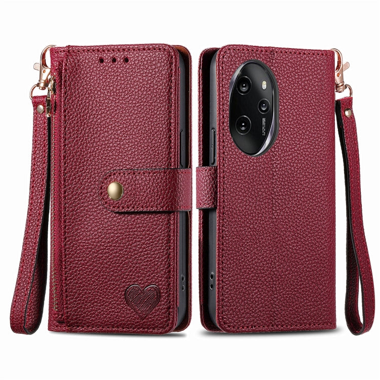 For Honor 100 Pro 5G Love Zipper Lanyard Leather Phone Case(Red)