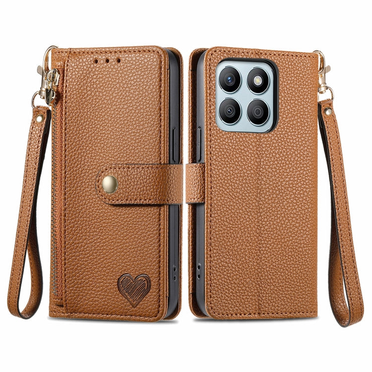 For Honor X8B Love Zipper Lanyard Leather Phone Case(Brown)