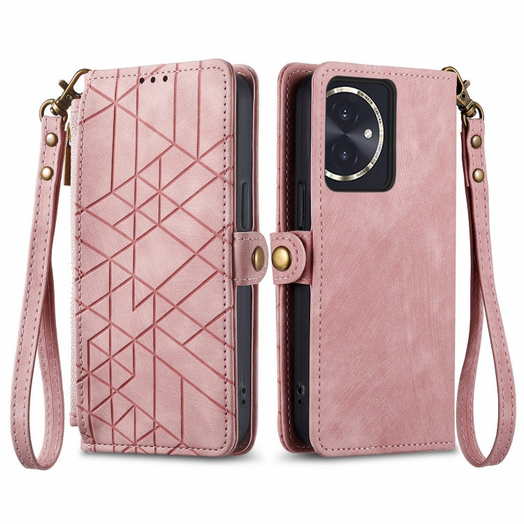 For Honor 100 5G Geometric Zipper Wallet Side Buckle Leather Phone Case(Pink)