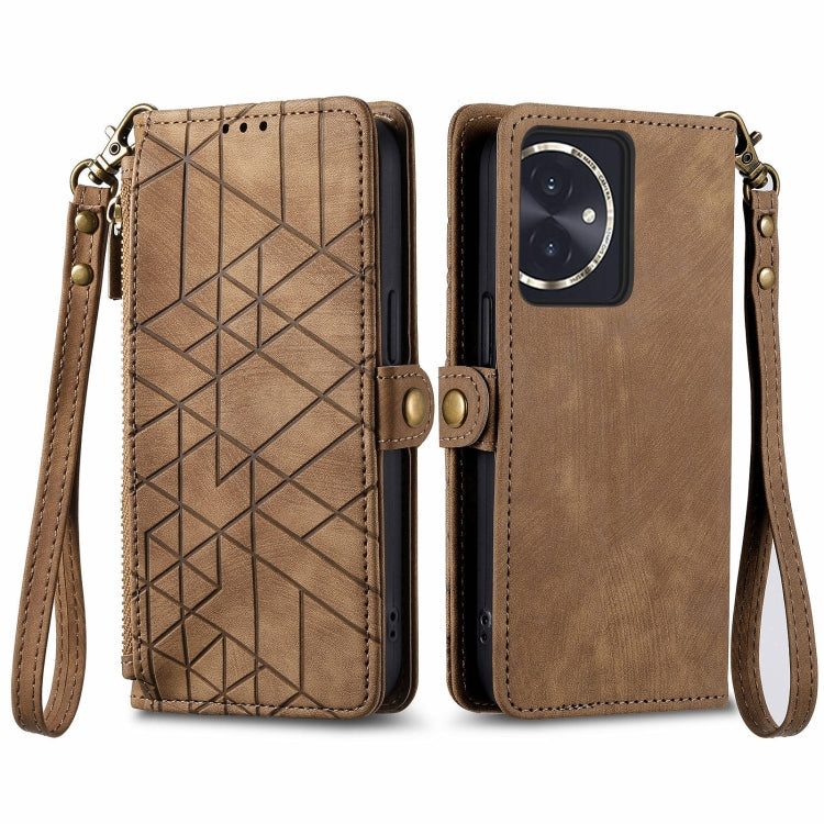 For Honor 100 5G Geometric Zipper Wallet Side Buckle Leather Phone Case(Brown)