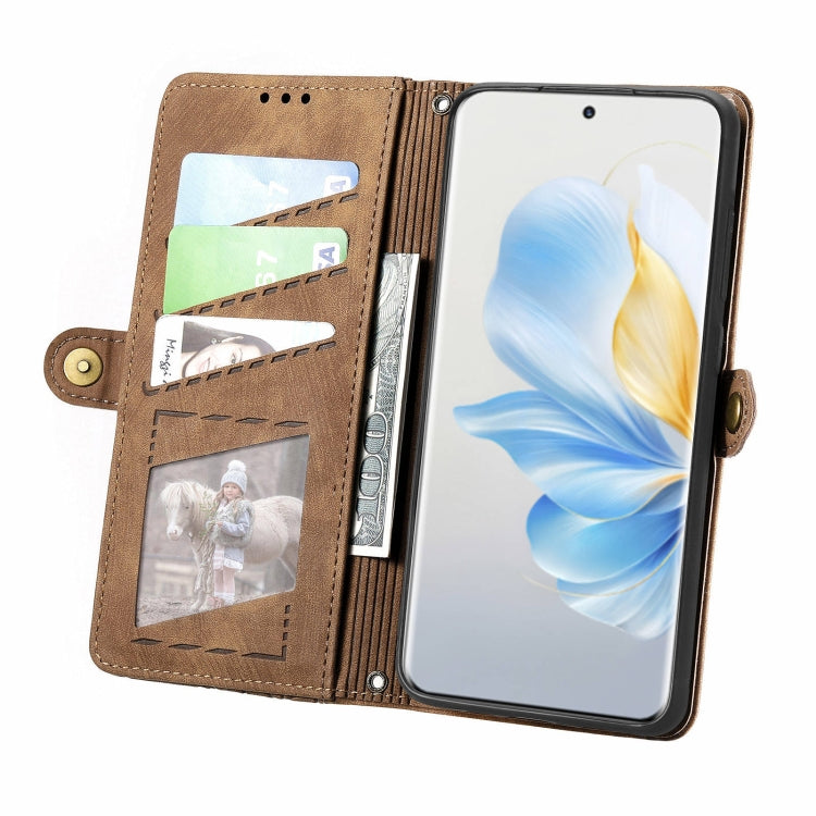 For Honor 100 5G Geometric Zipper Wallet Side Buckle Leather Phone Case(Brown)