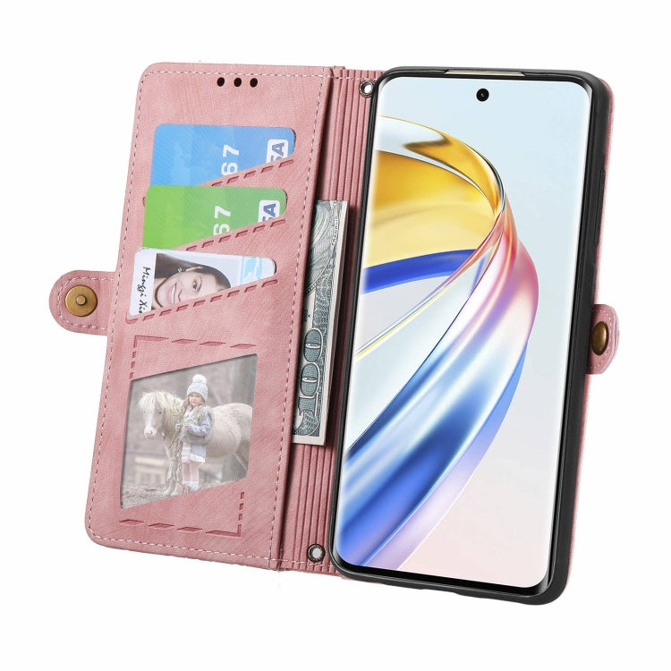 For Honor X9b Geometric Zipper Wallet Side Buckle Leather Phone Case(Pink)