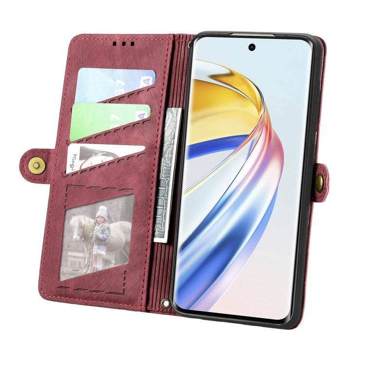 For Honor X9b Geometric Zipper Wallet Side Buckle Leather Phone Case(Red)