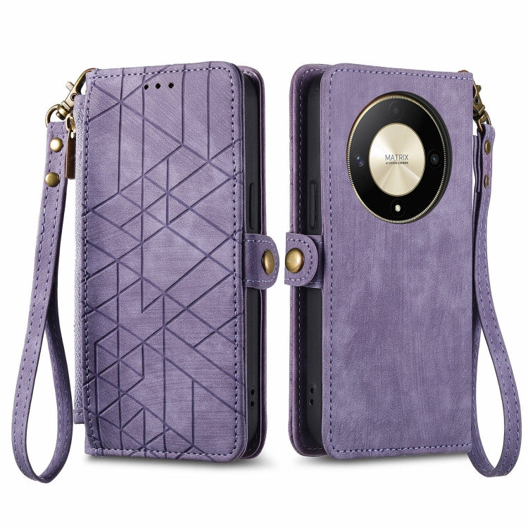For Honor X9b Geometric Zipper Wallet Side Buckle Leather Phone Case(Purple)