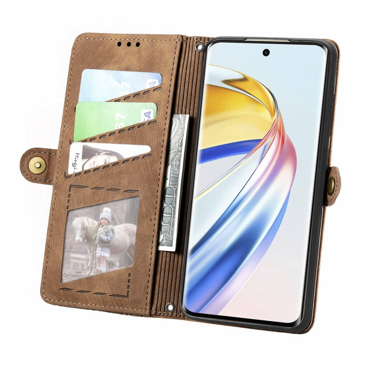 For Honor X9b Geometric Zipper Wallet Side Buckle Leather Phone Case(Brown)