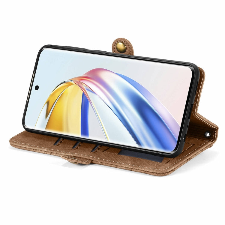 For Honor X9b Geometric Zipper Wallet Side Buckle Leather Phone Case(Brown)