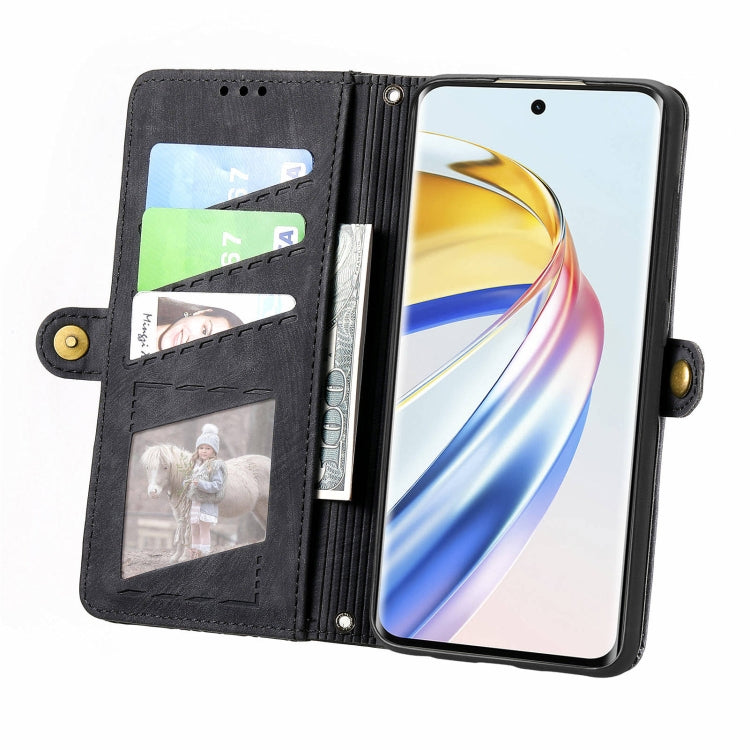 For Honor X9b Geometric Zipper Wallet Side Buckle Leather Phone Case(Black)
