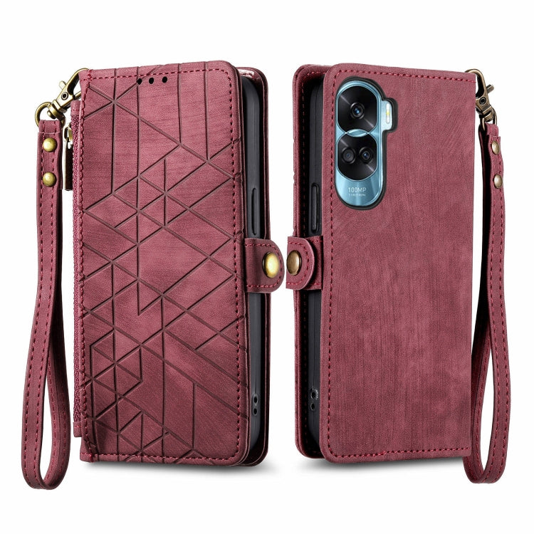 For Honor X50i Geometric Zipper Wallet Side Buckle Leather Phone Case(Red)