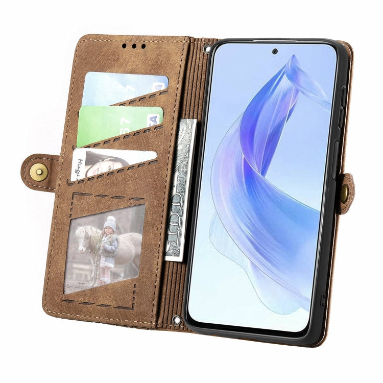 For Honor X50i Geometric Zipper Wallet Side Buckle Leather Phone Case(Brown)