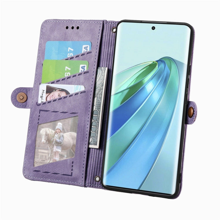 For Honor X9a Geometric Zipper Wallet Side Buckle Leather Phone Case(Purple)