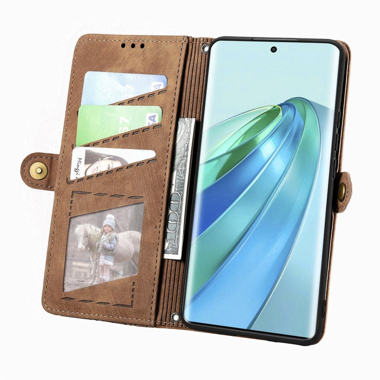 For Honor X9a Geometric Zipper Wallet Side Buckle Leather Phone Case(Brown)