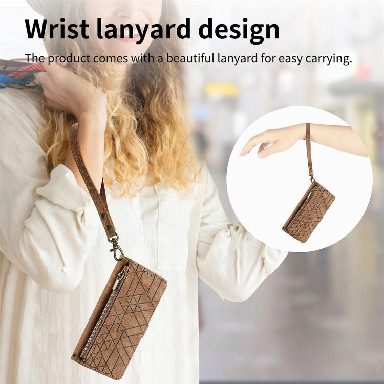 For Honor X9a Geometric Zipper Wallet Side Buckle Leather Phone Case(Brown)