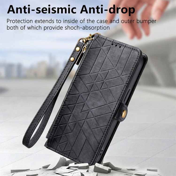 For Honor X9a Geometric Zipper Wallet Side Buckle Leather Phone Case(Black)