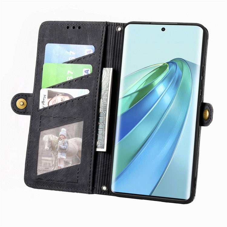 For Honor X9a Geometric Zipper Wallet Side Buckle Leather Phone Case(Black)