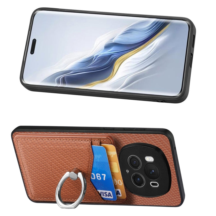 For Honor Magic6 Pro Carbon Fiber Card Wallet Ring Phone Case(Brown)
