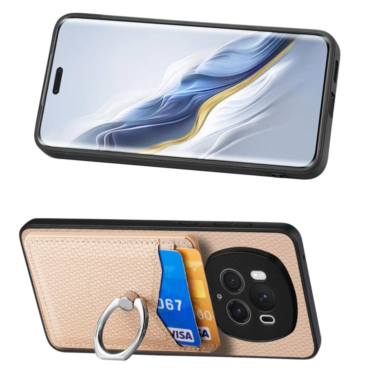 For Honor Magic6 Pro Carbon Fiber Card Wallet Ring Phone Case(Khaki)