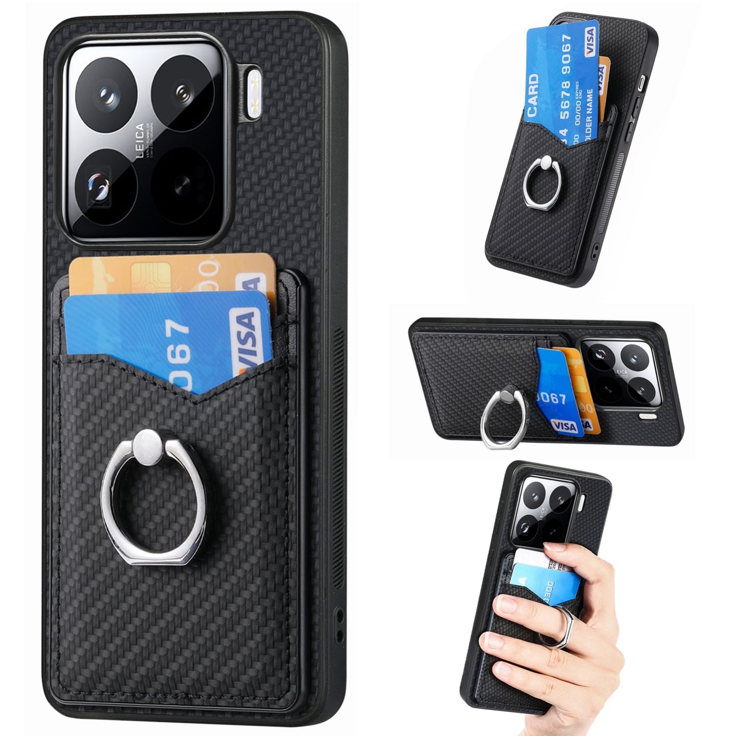 For Xiaomi 15 Pro Carbon Fiber Card Wallet Ring Phone Case(Black)