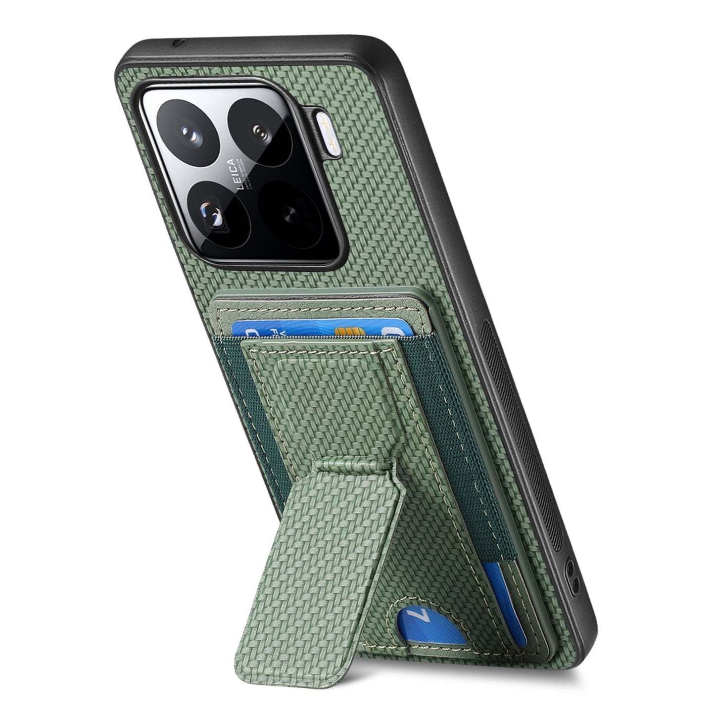 For Xiaomi 15 Carbon Fiber Fold Stand Elastic Card Bag Phone Case(Green)
