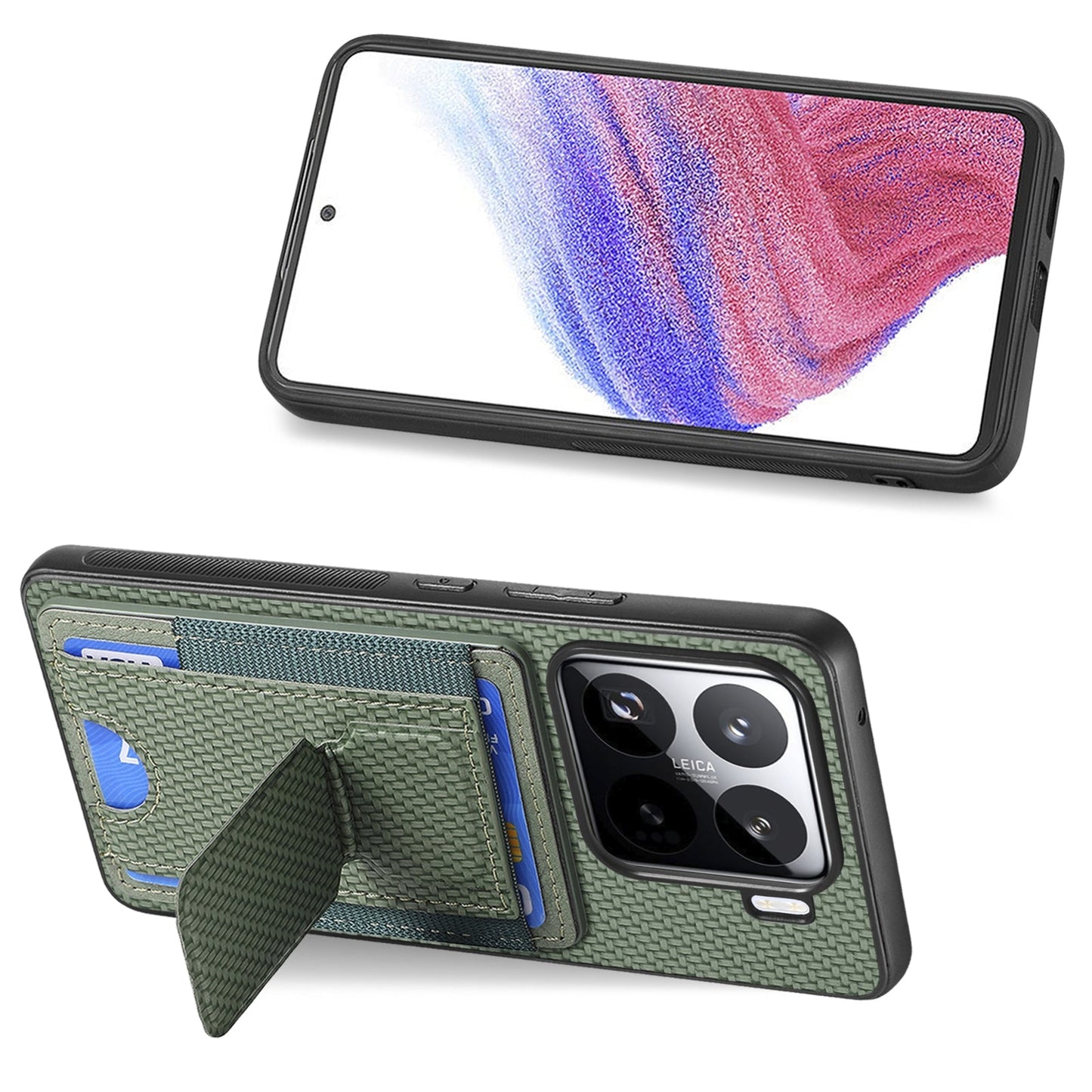 For Xiaomi 15 Carbon Fiber Fold Stand Elastic Card Bag Phone Case(Green)