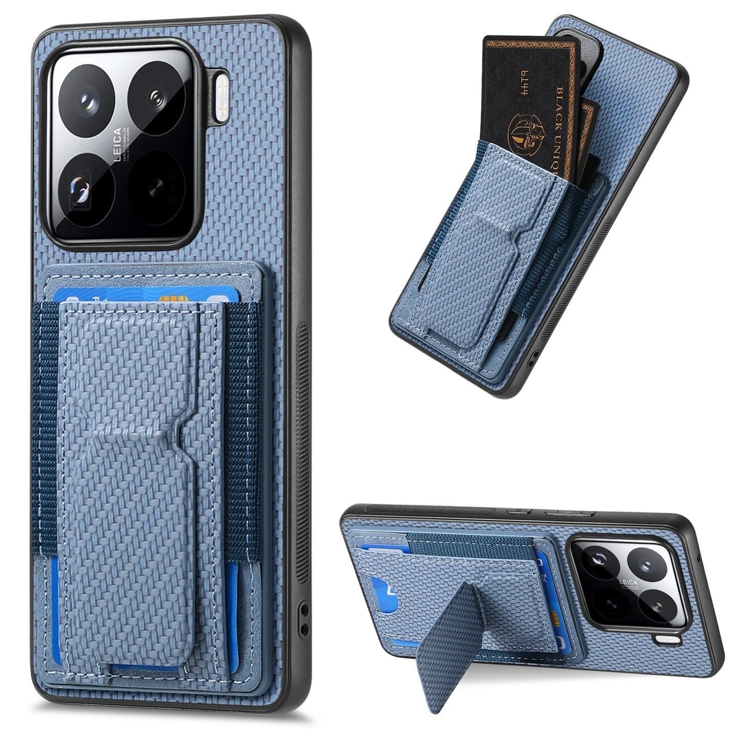 For Xiaomi 15 Pro Carbon Fiber Fold Stand Elastic Card Bag Phone Case(Blue)