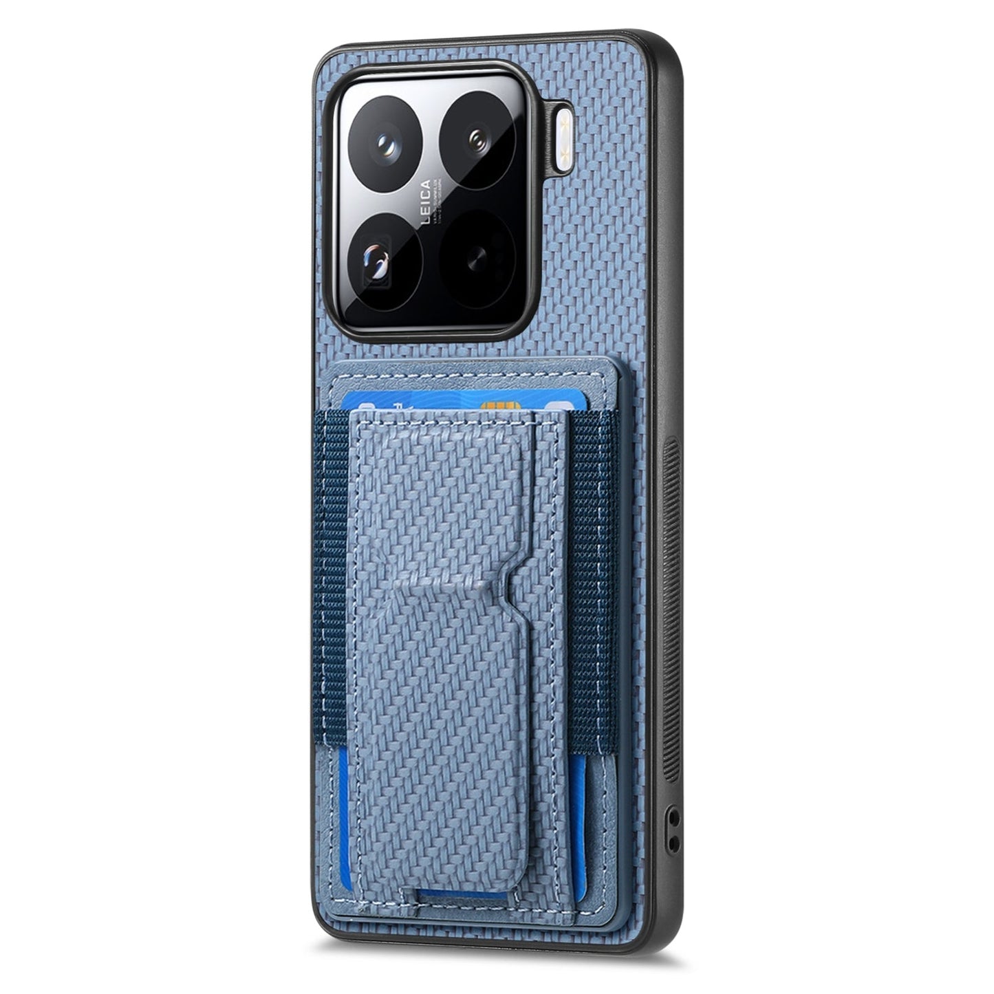 For Xiaomi 15 Pro Carbon Fiber Fold Stand Elastic Card Bag Phone Case(Blue)