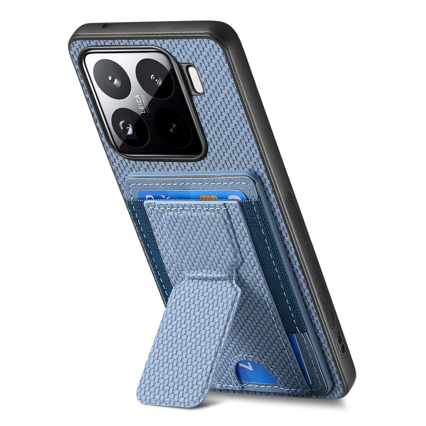 For Xiaomi 15 Pro Carbon Fiber Fold Stand Elastic Card Bag Phone Case(Blue)