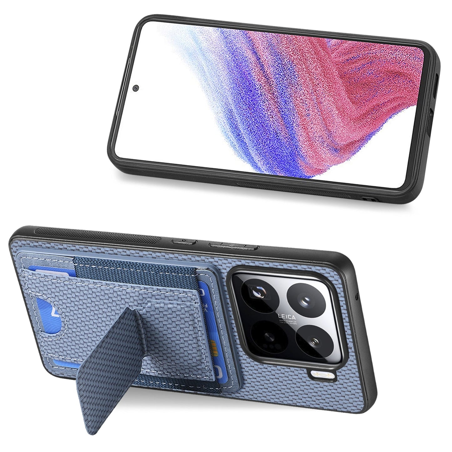 For Xiaomi 15 Pro Carbon Fiber Fold Stand Elastic Card Bag Phone Case(Blue)
