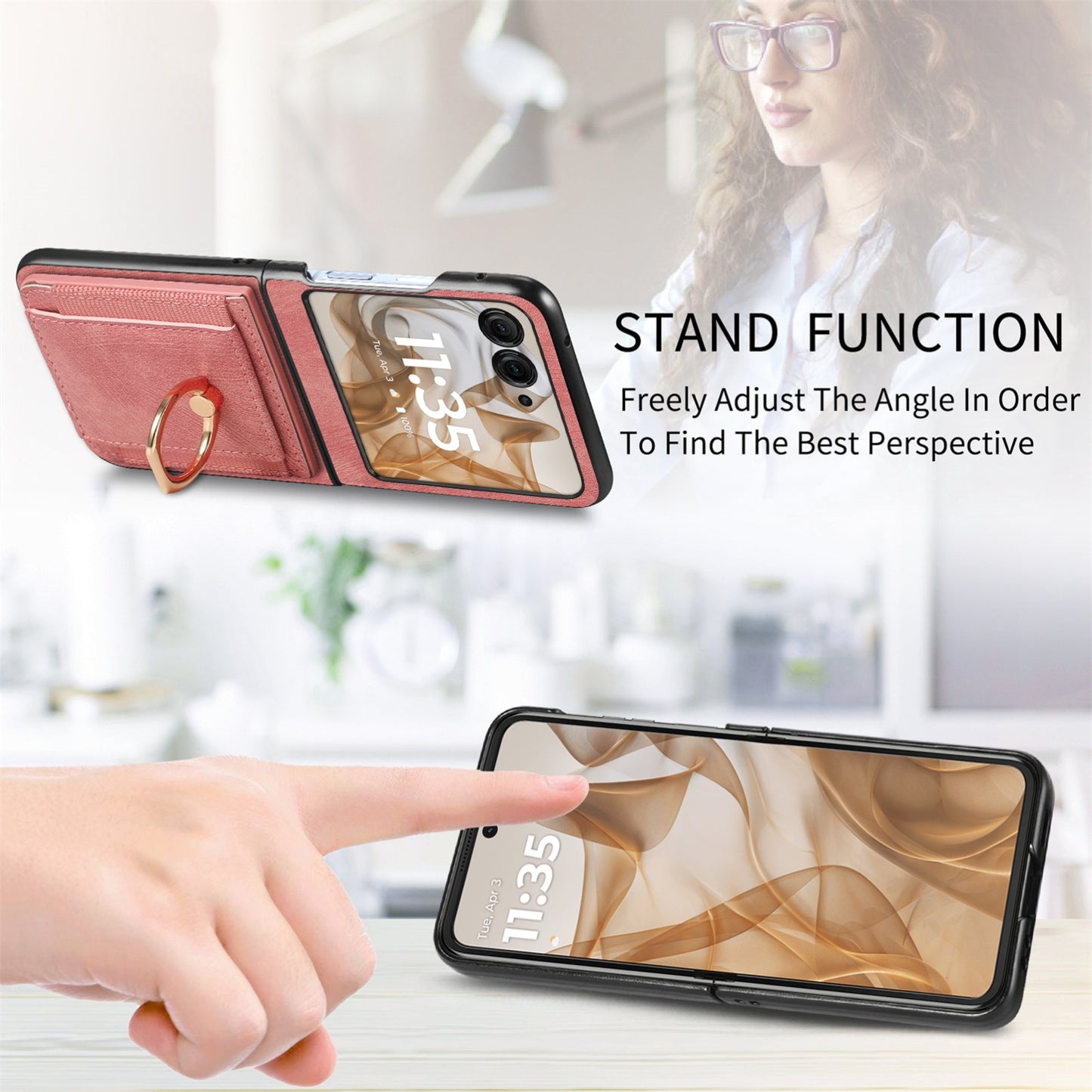 For Motorola Razr 50 Ultra Retro Skin-feel Ring Card Bag Phone Case(Pink)