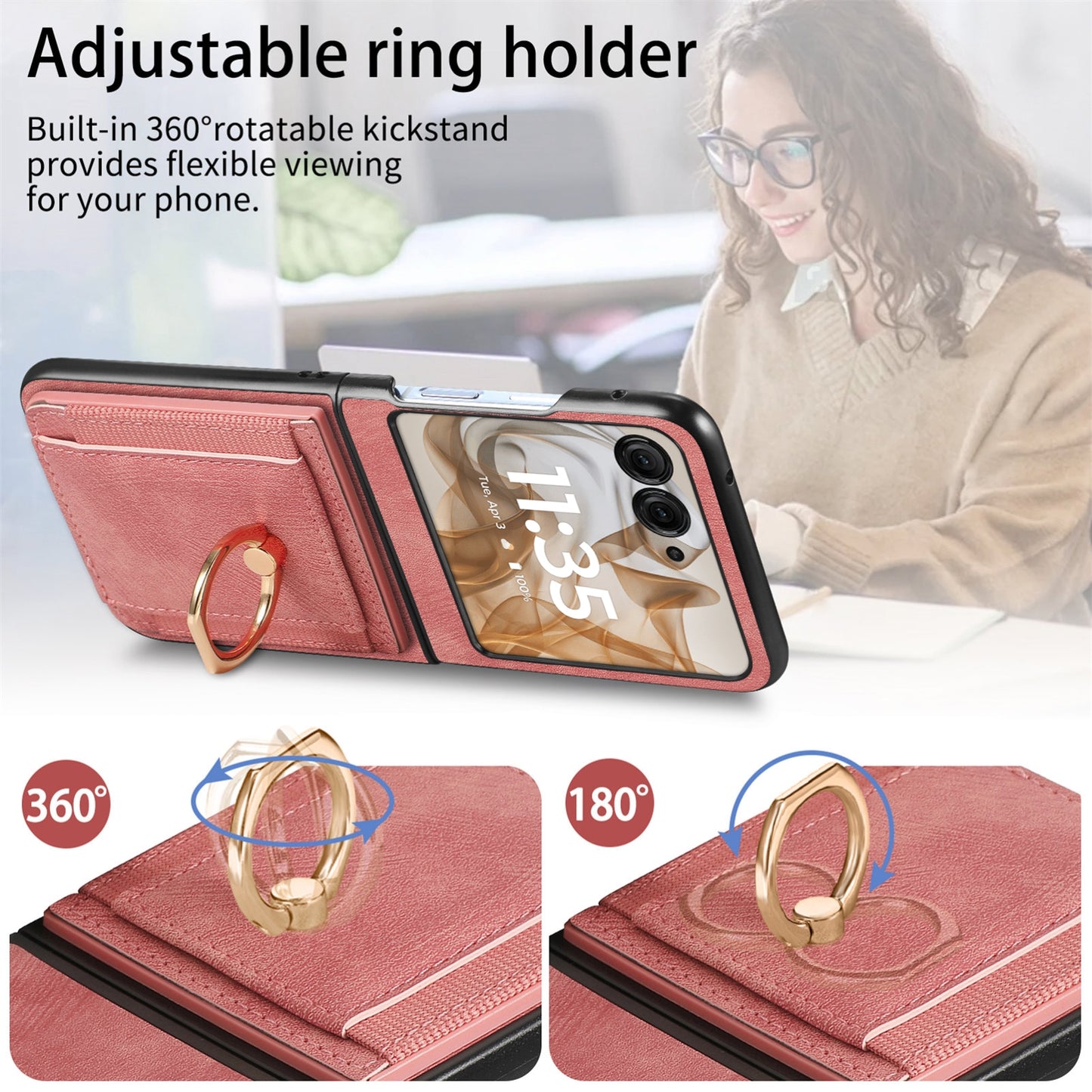 For Motorola Razr 50 Ultra Retro Skin-feel Ring Card Bag Phone Case(Pink)