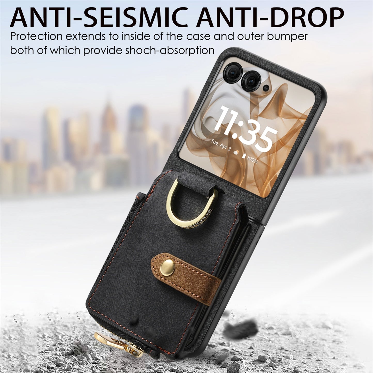 For Motorola Razr 50 Ultra Retro Ring Vertical Zipper Wallet Phone Case(Black)