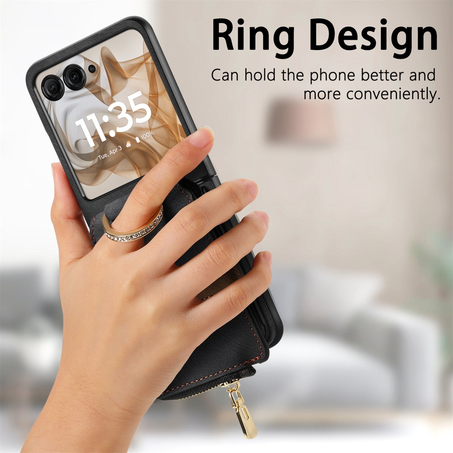 For Motorola Razr 50 Ultra Retro Ring Vertical Zipper Wallet Phone Case(Black)