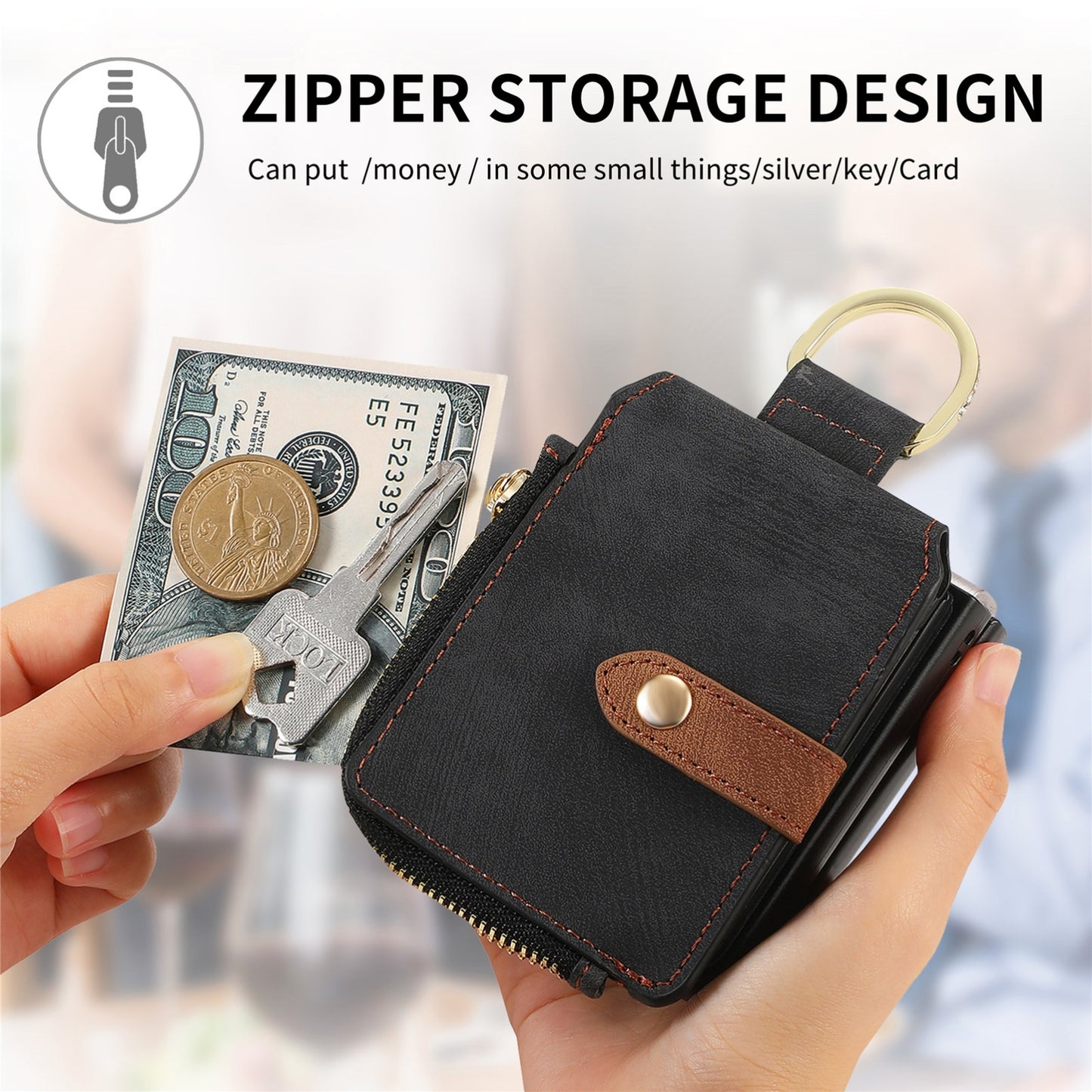 For Motorola Razr 50 Ultra Retro Ring Vertical Zipper Wallet Phone Case(Black)