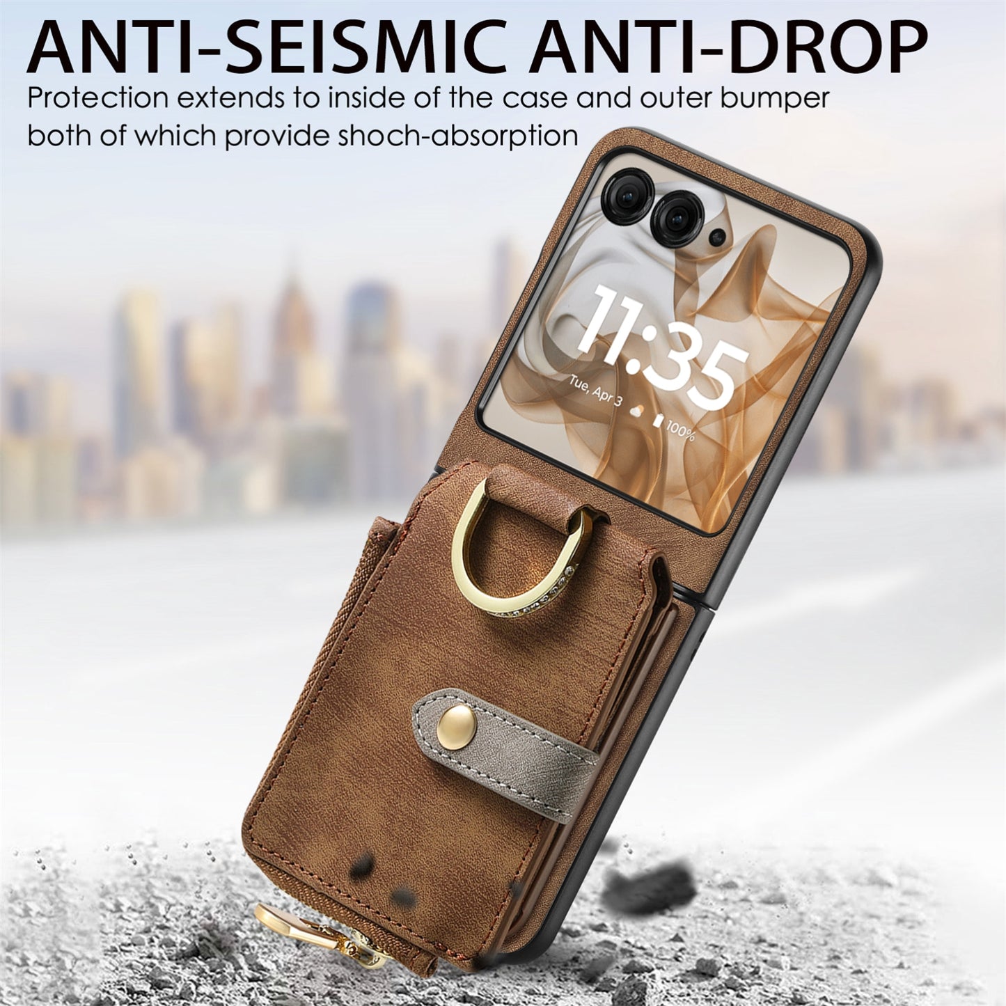 For Motorola Razr 50 Ultra Retro Ring Vertical Zipper Wallet Phone Case(Brown)