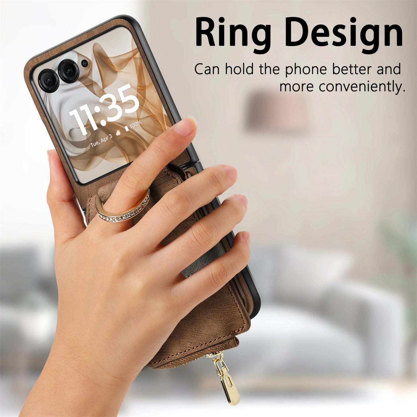 For Motorola Razr 50 Ultra Retro Ring Vertical Zipper Wallet Phone Case(Brown)