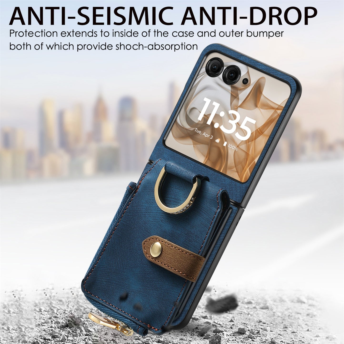 For Motorola Razr 50 Ultra Retro Ring Vertical Zipper Wallet Phone Case(Blue)