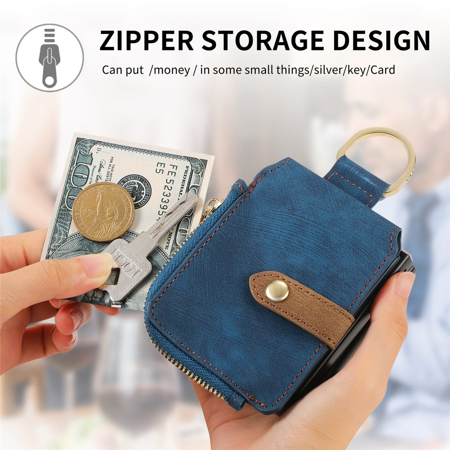 For Motorola Razr 50 Ultra Retro Ring Vertical Zipper Wallet Phone Case(Blue)