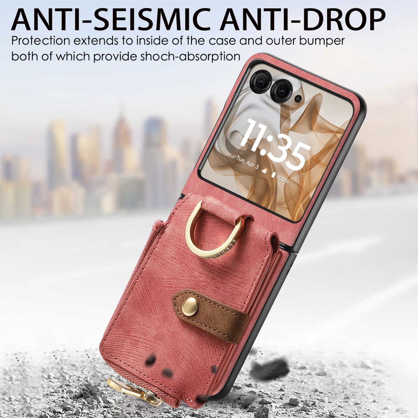 For Motorola Razr 50 Ultra Retro Ring Vertical Zipper Wallet Phone Case(Pink)