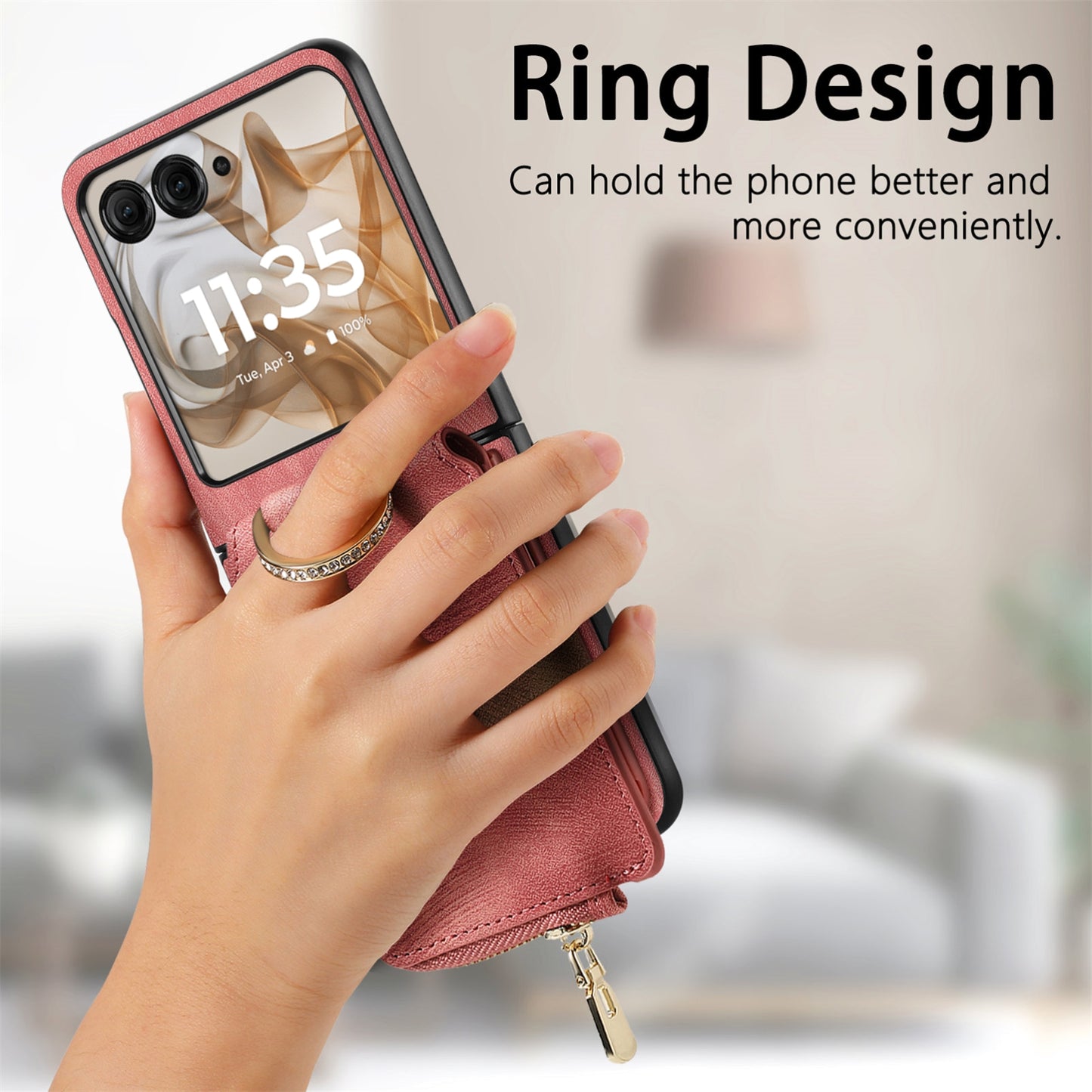 For Motorola Razr 50 Ultra Retro Ring Vertical Zipper Wallet Phone Case(Pink)