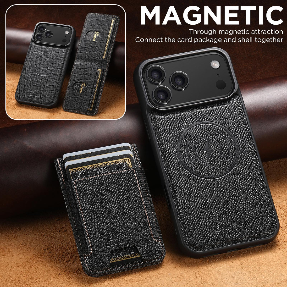 Compatible with iPhone 18 Pro Max Suteni H17 Cross Grain Leather MagSafe Detachable Wallet Phone Case - Black