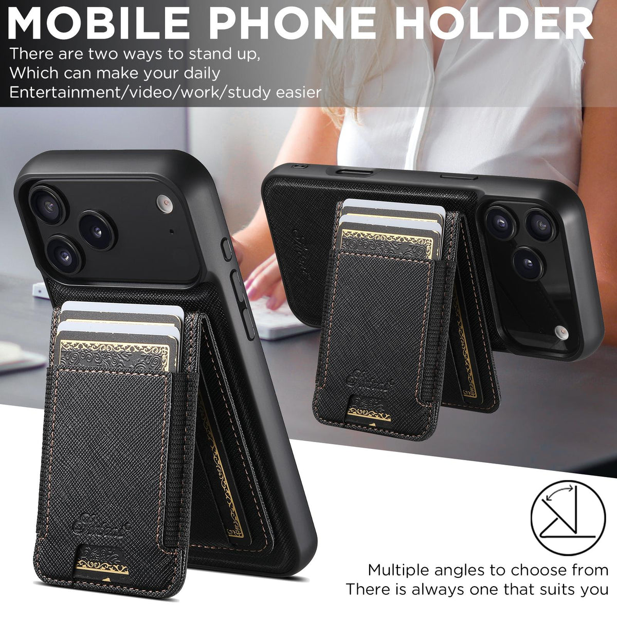 Compatible with iPhone 18 Pro Max Suteni H17 Cross Grain Leather MagSafe Detachable Wallet Phone Case - Black