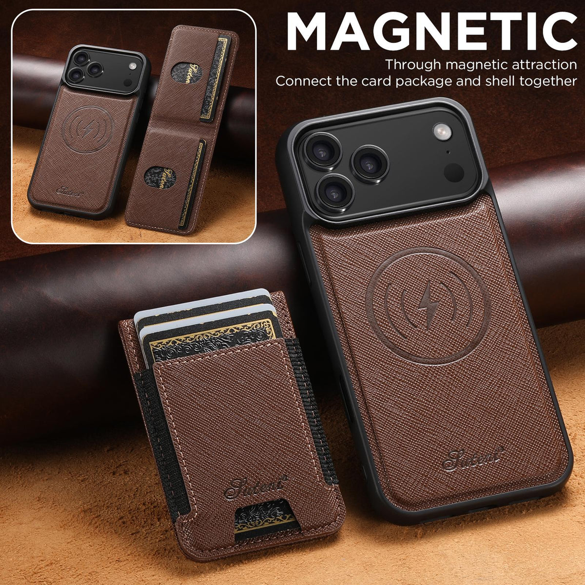 Compatible with iPhone 18 Pro Max Suteni H17 Cross Grain Leather MagSafe Detachable Wallet Phone Case - Brown