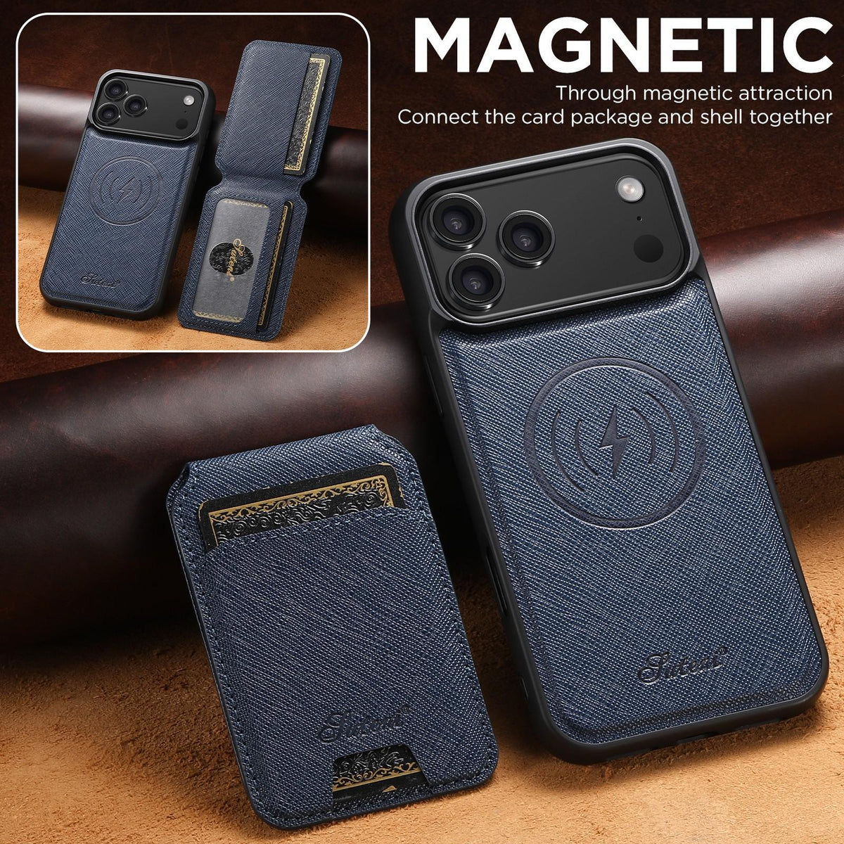 Compatible with iPhone 18 Pro Max Suteni H18 Cross Grain MagSafe Wallet Leather Phone Case - Blue
