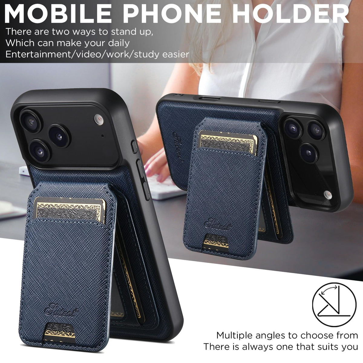 Compatible with iPhone 18 Pro Max Suteni H18 Cross Grain MagSafe Wallet Leather Phone Case - Blue