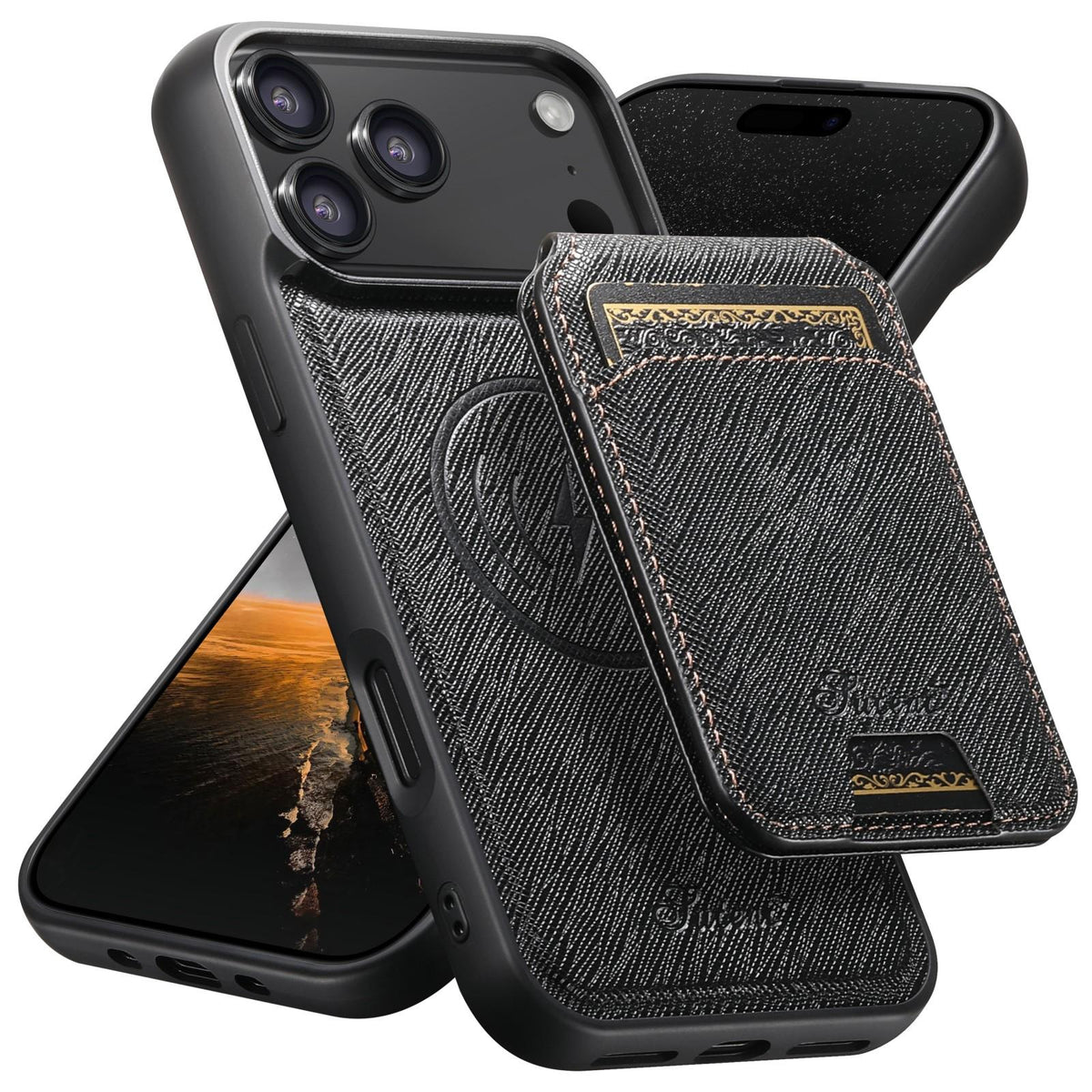 Compatible with iPhone 18 Pro Suteni H18 Cross Grain MagSafe Wallet Leather Phone Case - Black