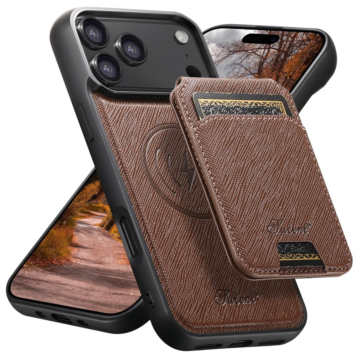 Compatible with iPhone 18 Pro Suteni H18 Cross Grain MagSafe Wallet Leather Phone Case - Brown