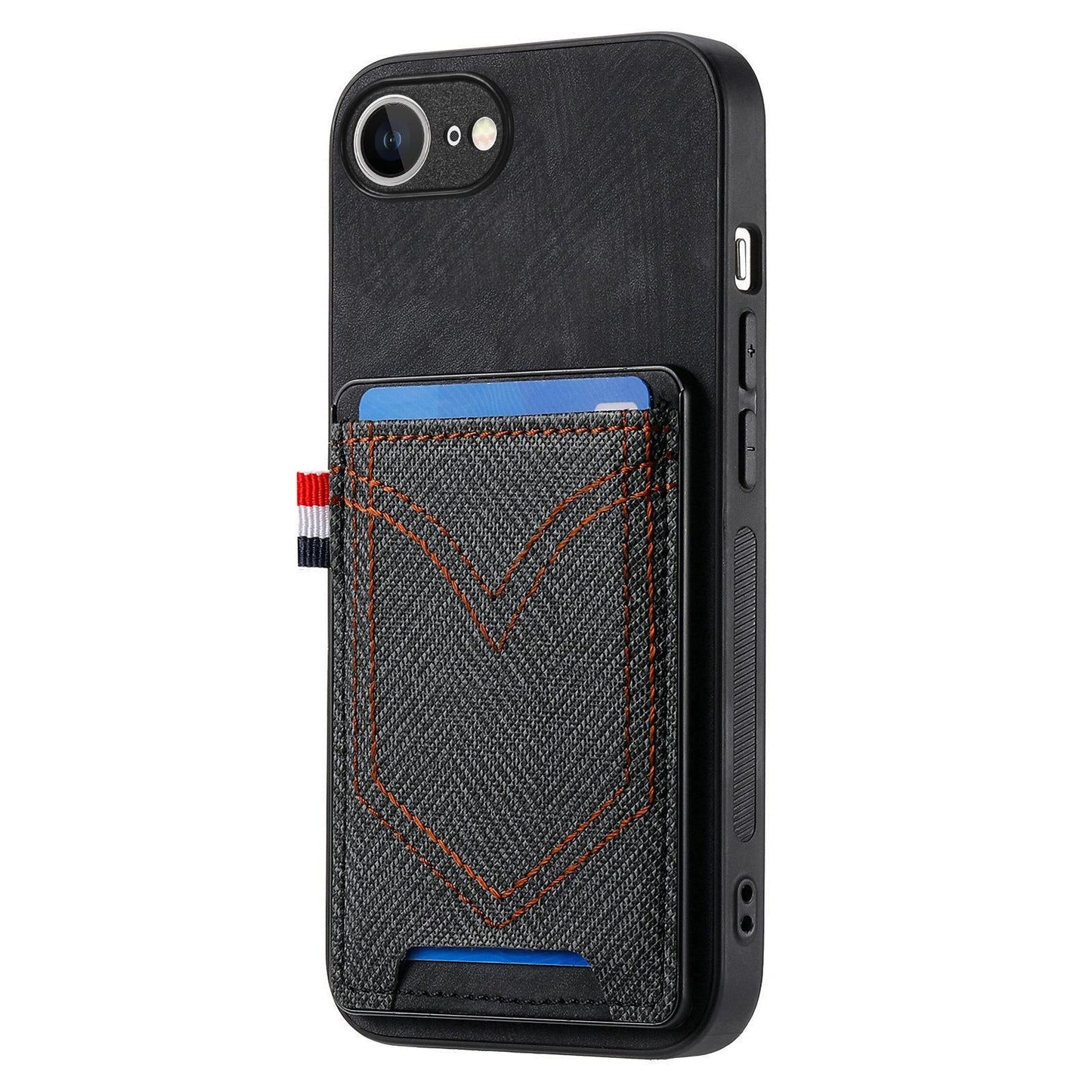 For iPhone 16e Denim Texture Leather Skin Phone Case with Card Slot(Black)
