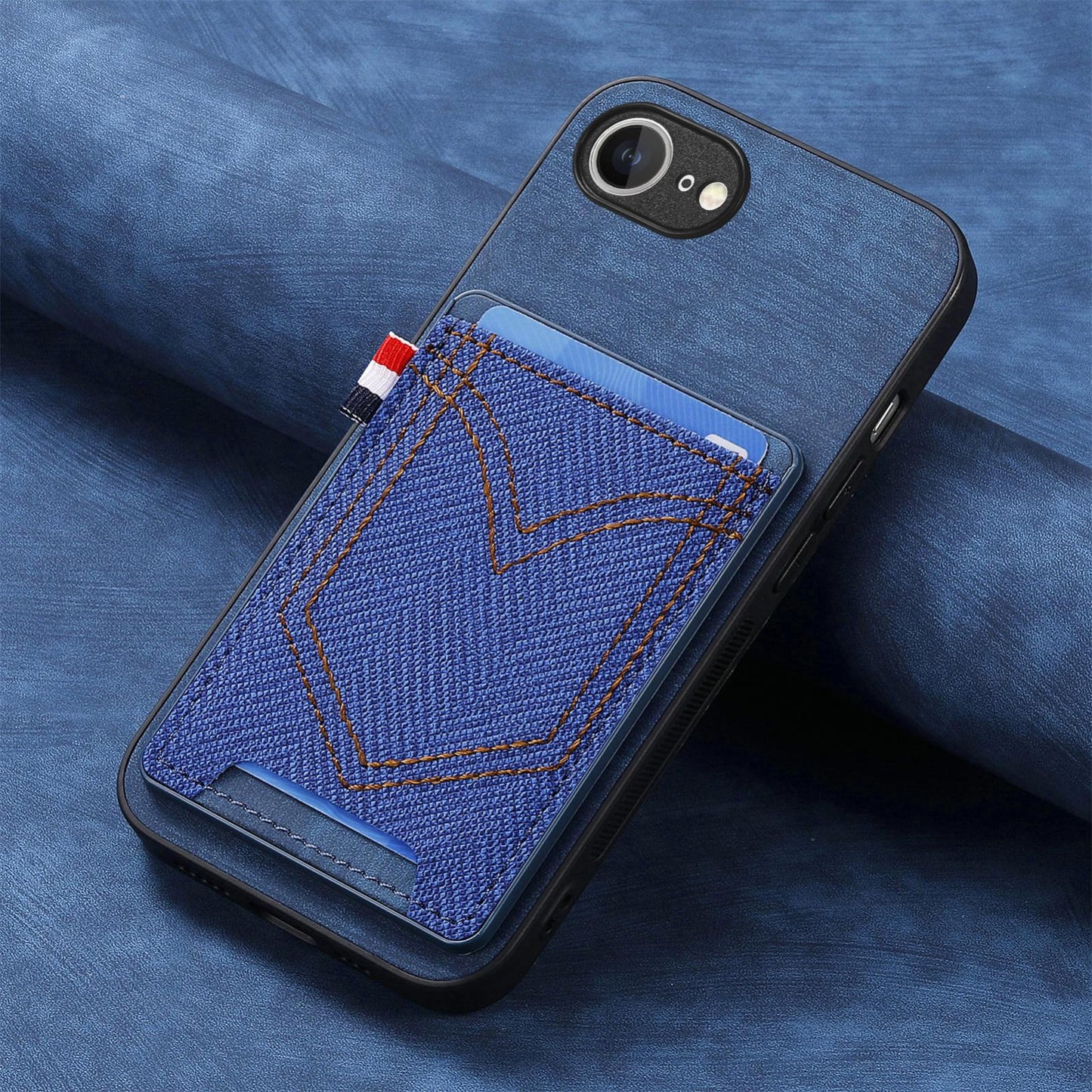 For iPhone 16e Denim Texture Leather Skin Phone Case with Card Slot(Blue)