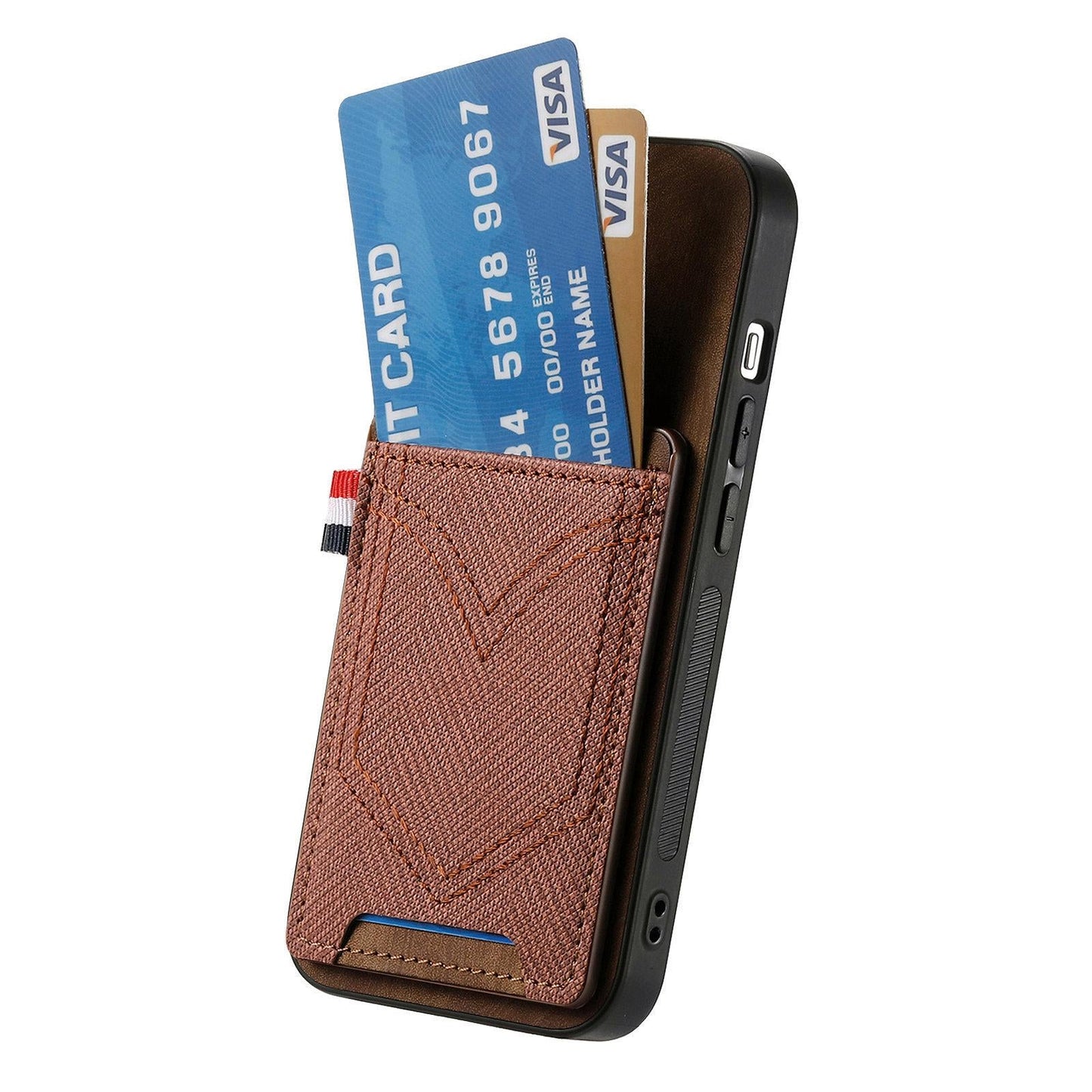 For iPhone 16e Denim Texture Leather Skin Phone Case with Card Slot(Brown)