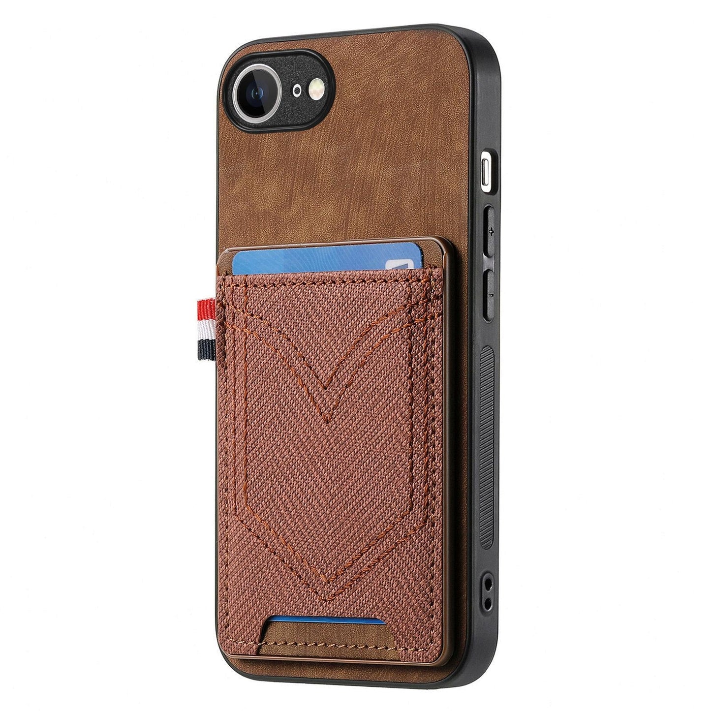 For iPhone 16e Denim Texture Leather Skin Phone Case with Card Slot(Brown)