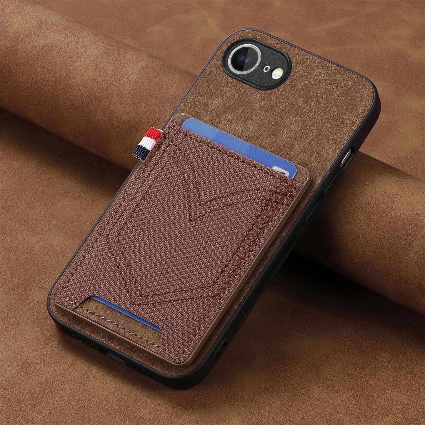 For iPhone 16e Denim Texture Leather Skin Phone Case with Card Slot(Brown)